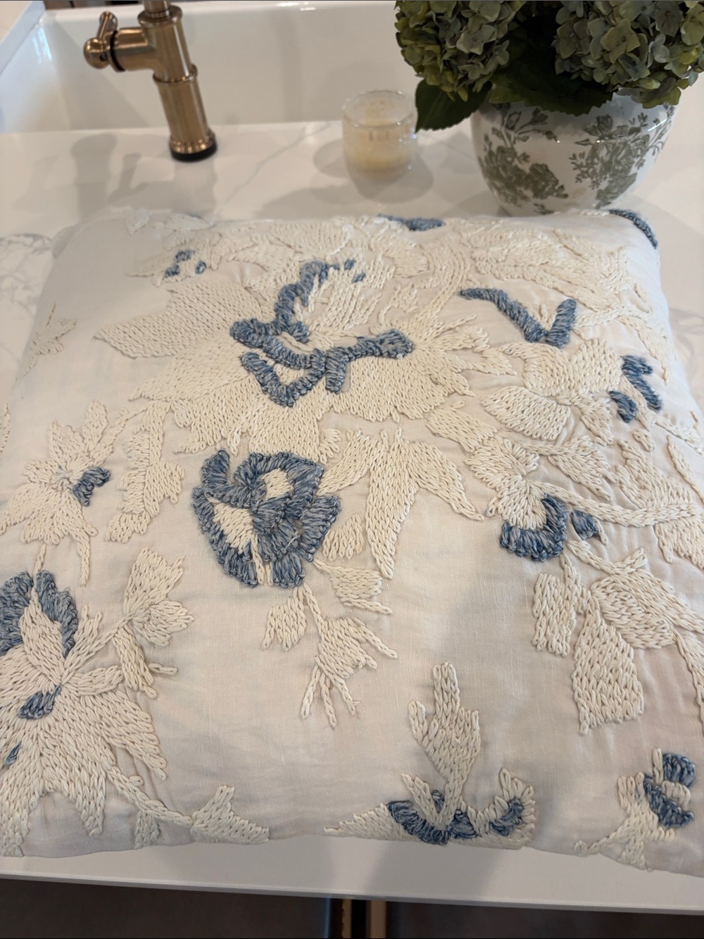 Pottery Barn 22” Embroidered Floral Decorative Throw Pillow - Cream & Blue